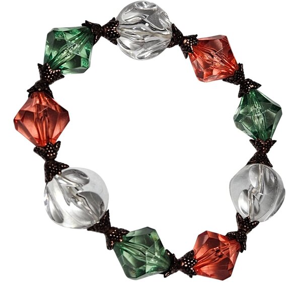 Festive Beaded Stretch Bracelet With Green Red Clear Acrylic Beads Christmas - Picture 1 of 3
